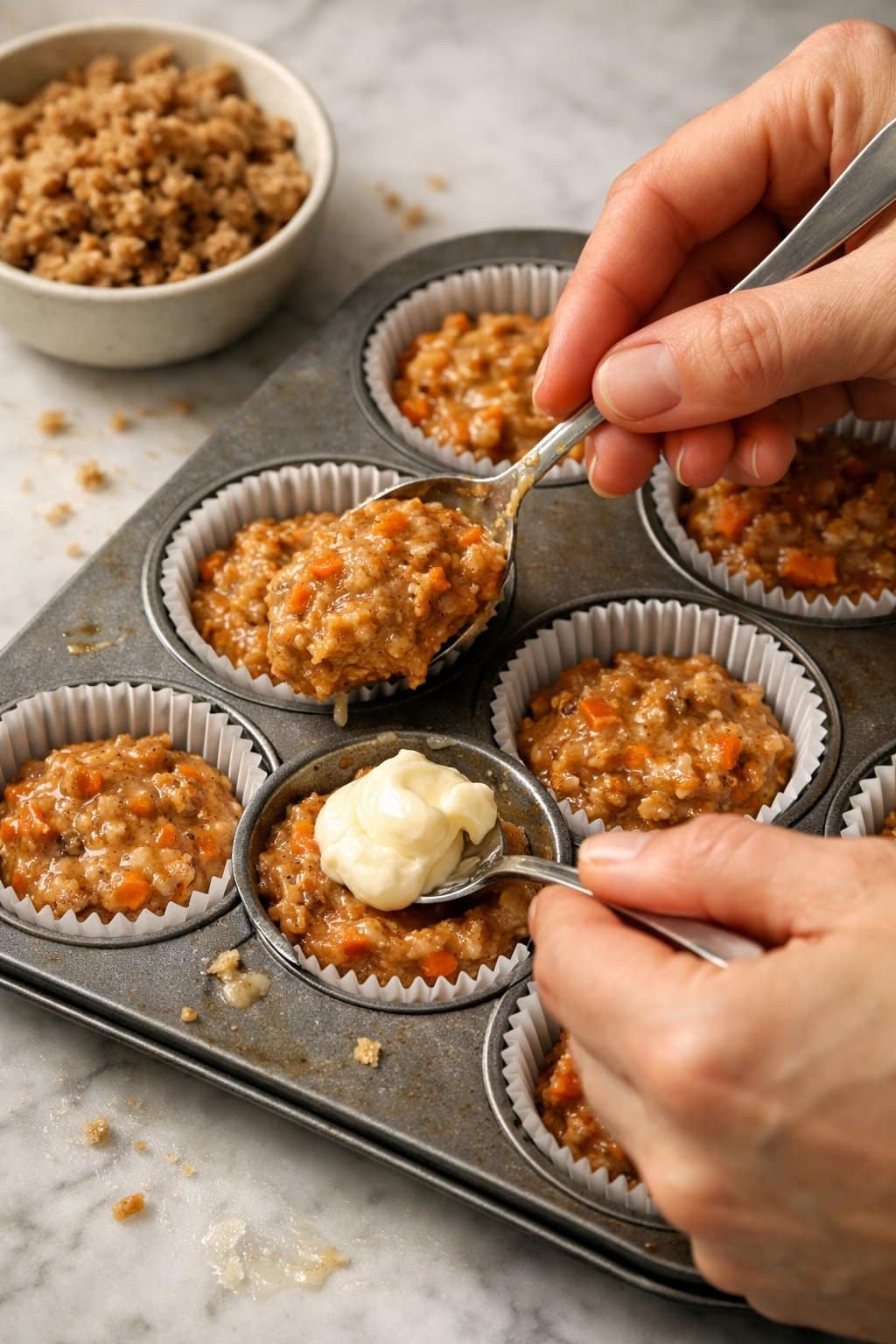 Carrot Cake Muffins with Cheesecake Filling process image