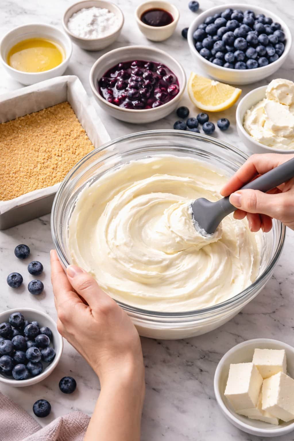 No Bake Blueberry Cheesecake Bars process image