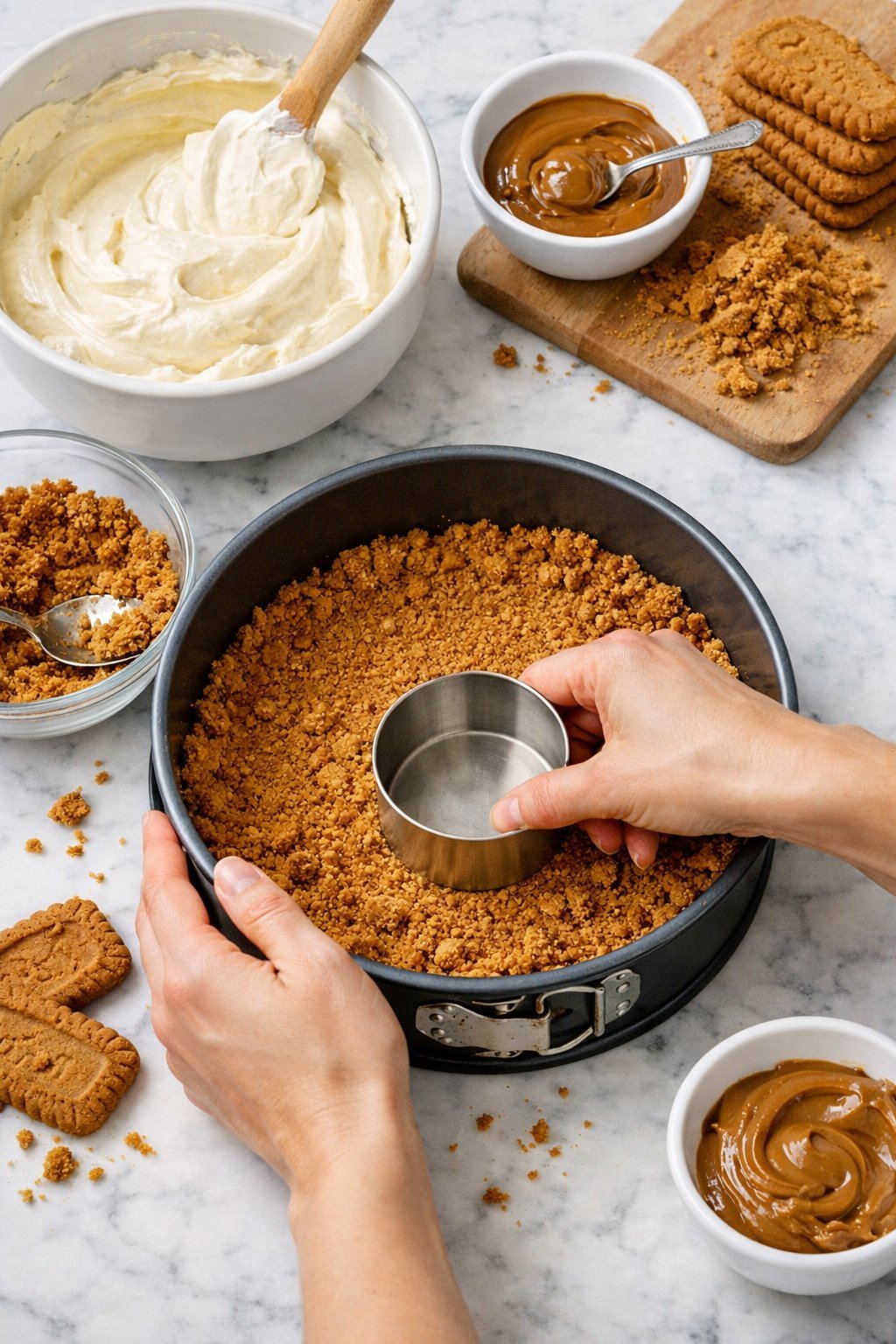 Creamy No Bake Biscoff Cheesecake with Crunchy Cookie Crust process image