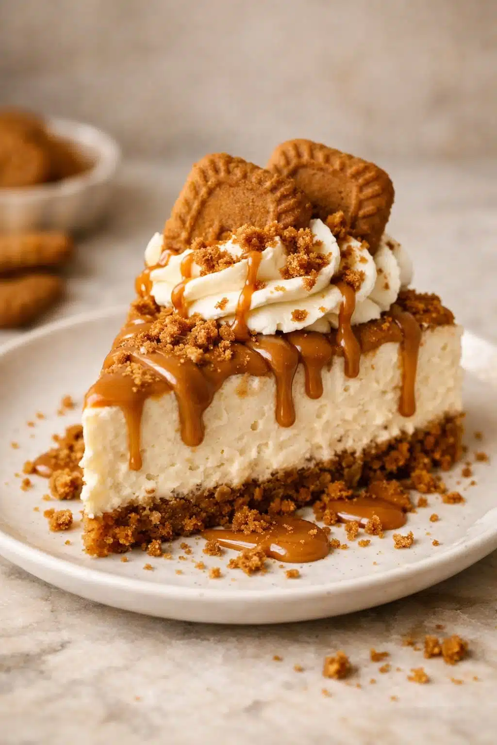 Creamy No Bake Biscoff Cheesecake with Crunchy Cookie Crust serving image