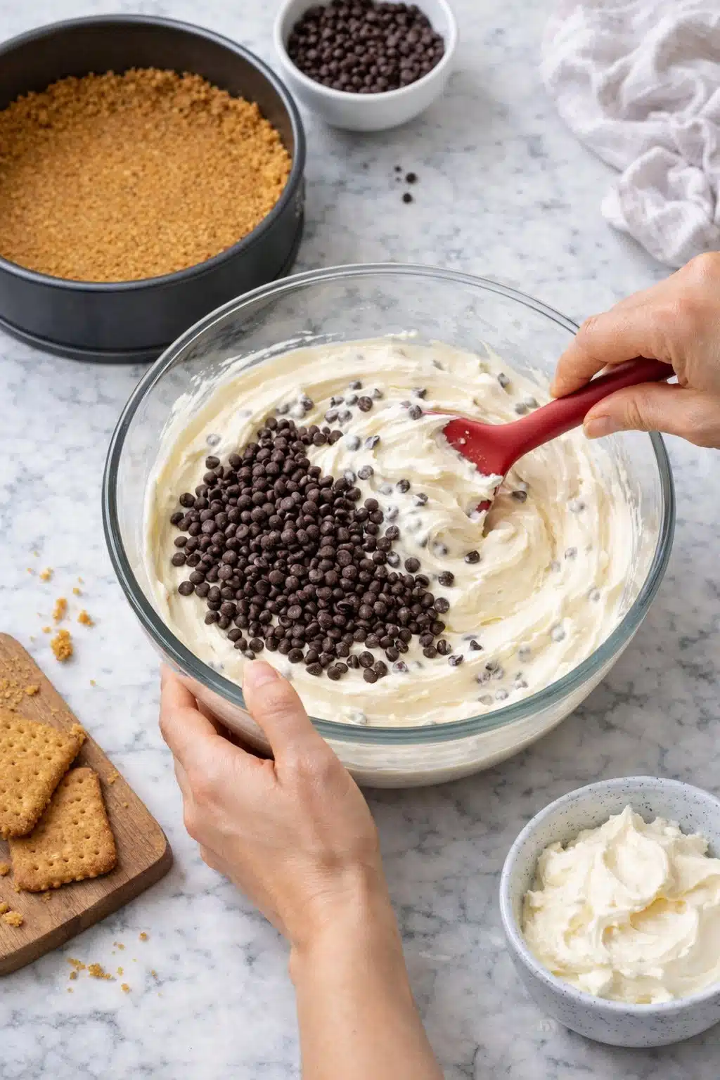 Chocolate Chip No Bake Cheesecake process image