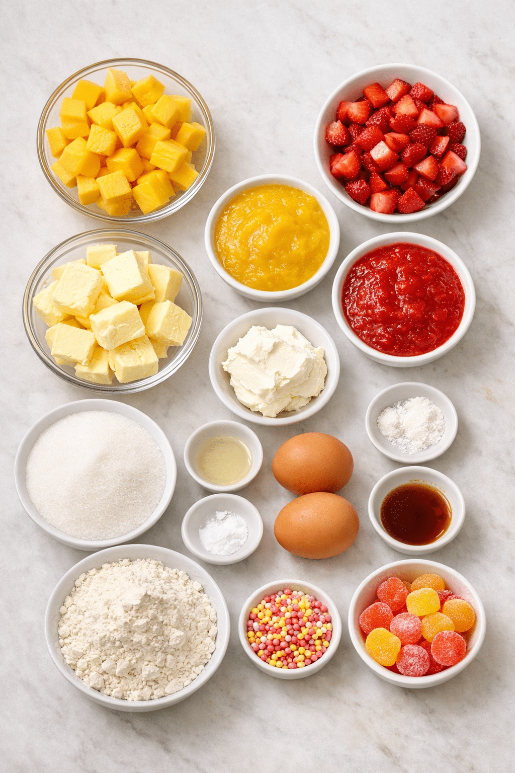 Oven-Baked Bakery-Style Mango Strawberry Sunset Cupcakes 3 Mango Strawberry Sunset Cupcakes ingredients image