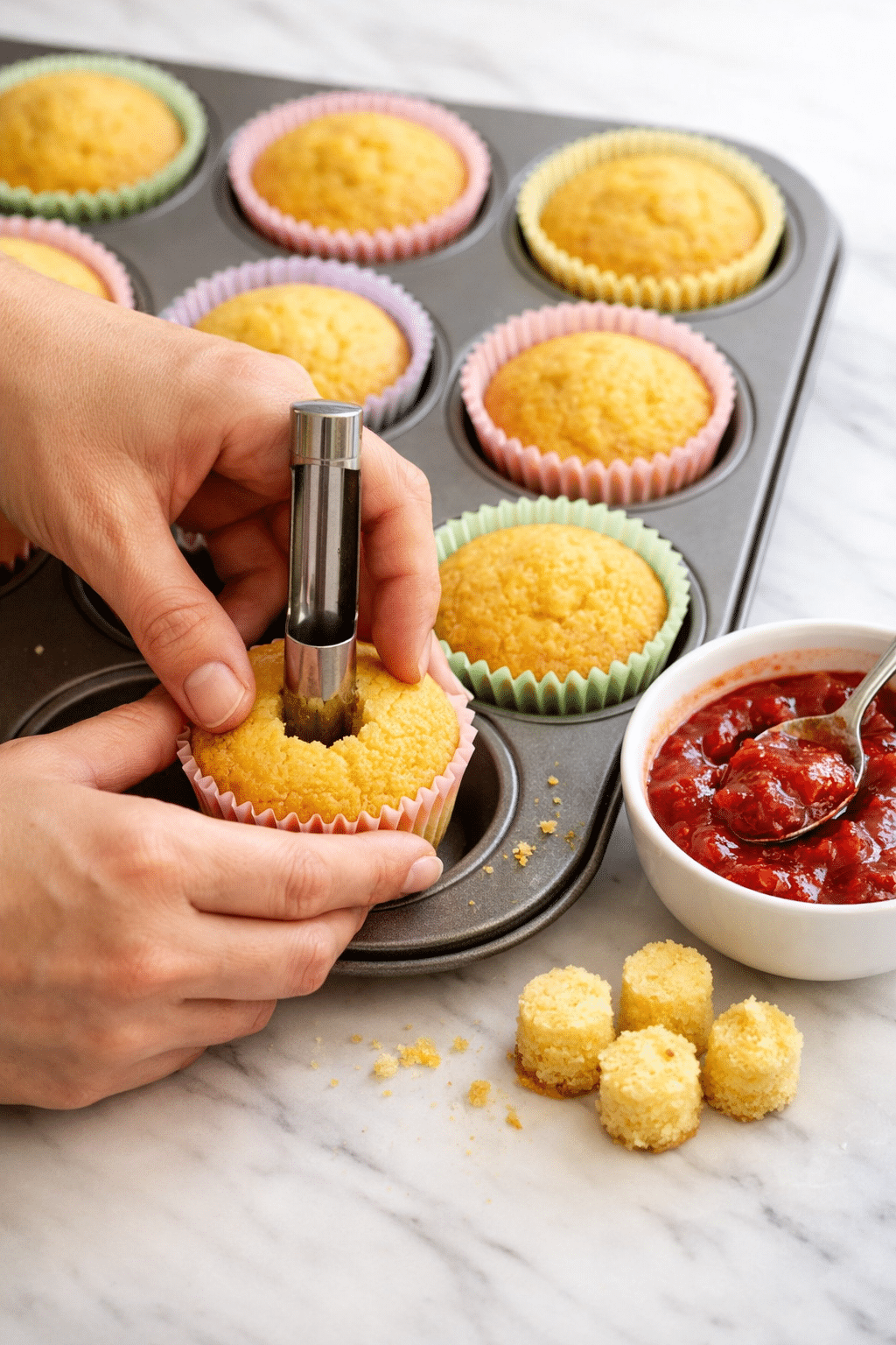 Oven-Baked Bakery-Style Mango Strawberry Sunset Cupcakes 1 Mango Strawberry Sunset Cupcakes process image