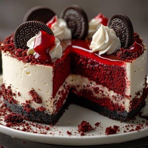 Red Velvet Oreo Cheesecake Perfection recipe card