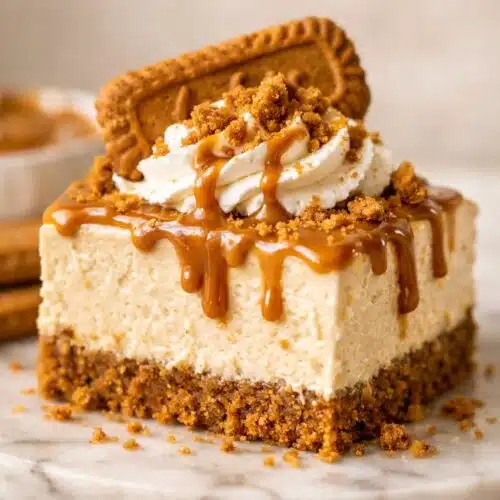 Creamy No Bake Biscoff Cheesecake with Crunchy Cookie Crust recipe card