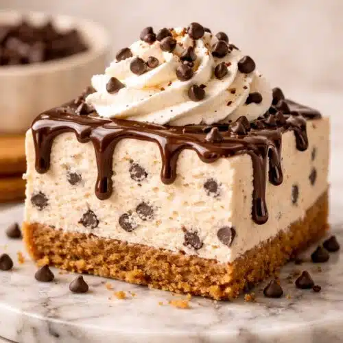 Chocolate Chip No Bake Cheesecake recipe card