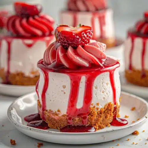No-Bake Strawberry Swirl Mini Cheesecakes recipe card