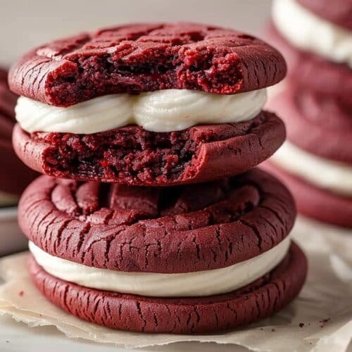 Tasty Red Velvet Cookie Sandwiches recipe card