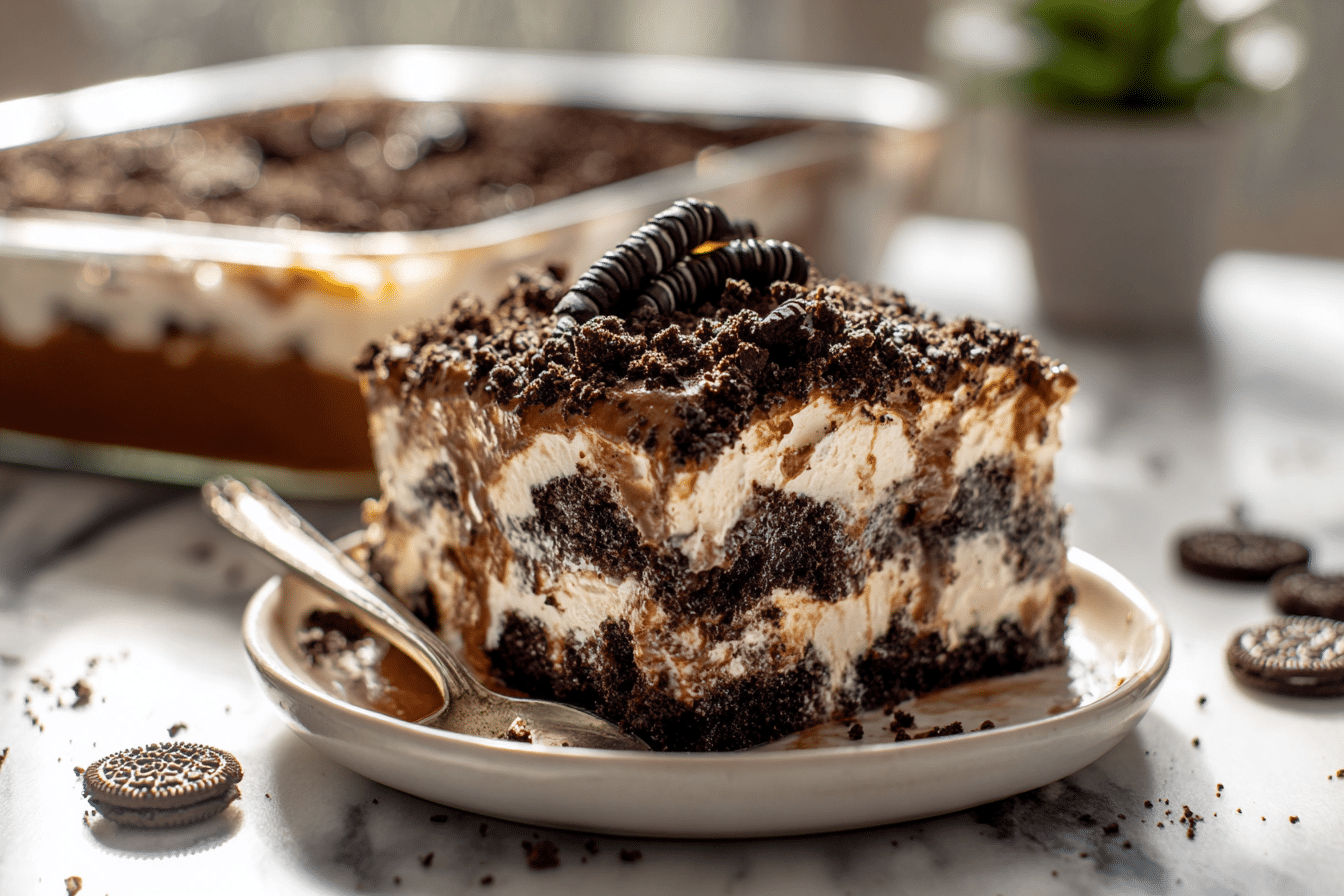 Easter Dirt Cake Dessert Casserole with Creamy Pudding Serving Easter Dirt Cake Dessert Casserole with Creamy Pudding serving image