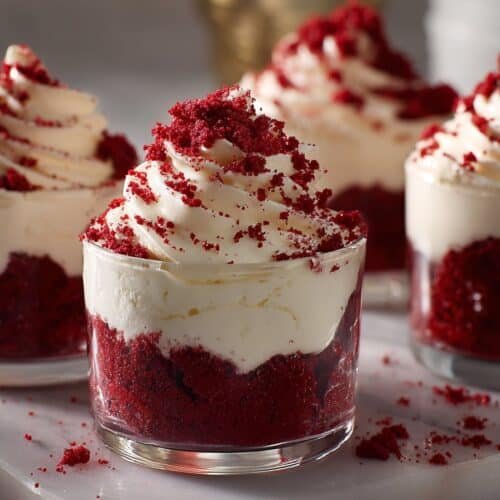 Red Velvet Dessert Cups With Vanilla Mousse recipe card image