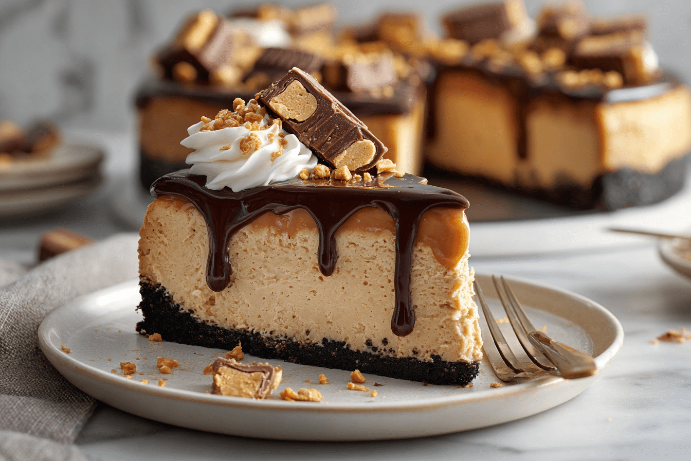 Reeses Peanut Butter Cheesecake Recipe with Chocolate Crust serving image