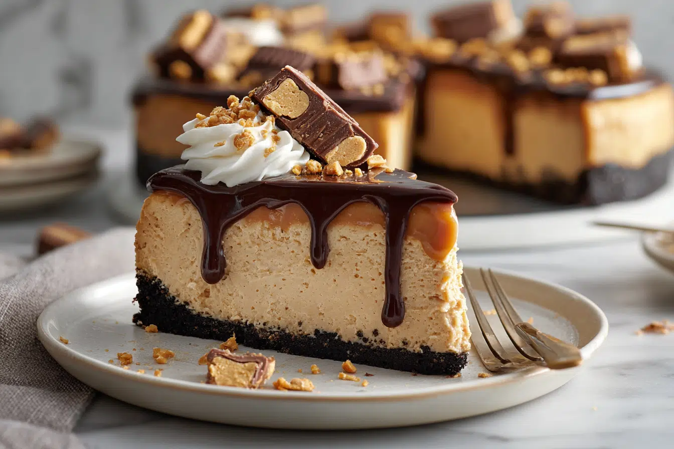 Reeses Peanut Butter Cheesecake Recipe with Chocolate Crust serving image
