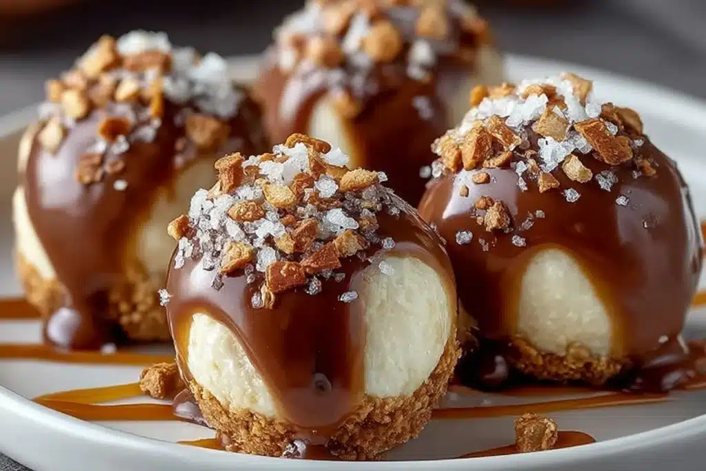 Delicious salted caramel pretzel cheesecake balls on a plate