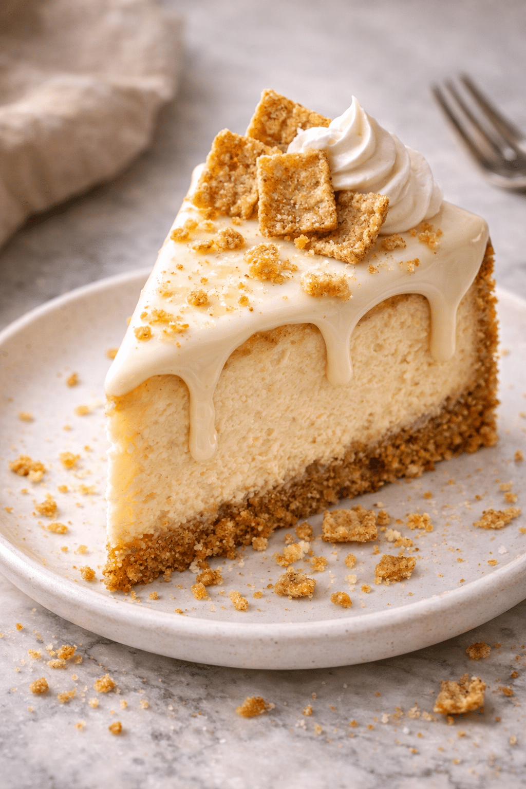 Cinnamon Toast Crunch Cheesecake Recipe with Crunchy Cereal Crust serving image