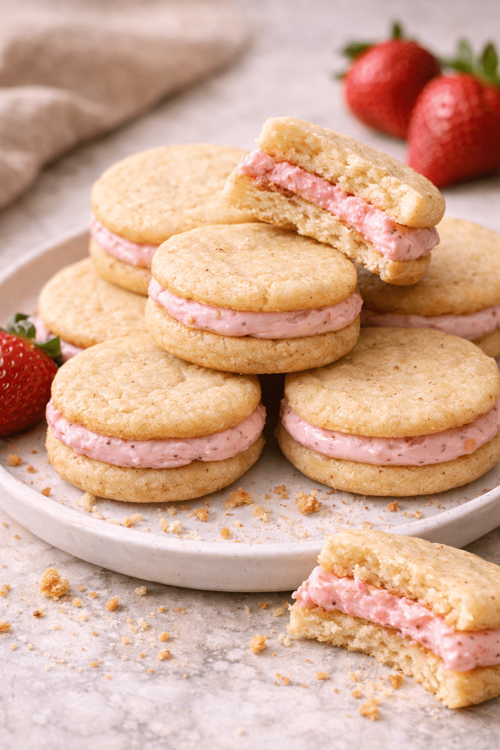 Vanilla Bean Sandwich Cookies with Strawberry Buttercream Recipe serving image