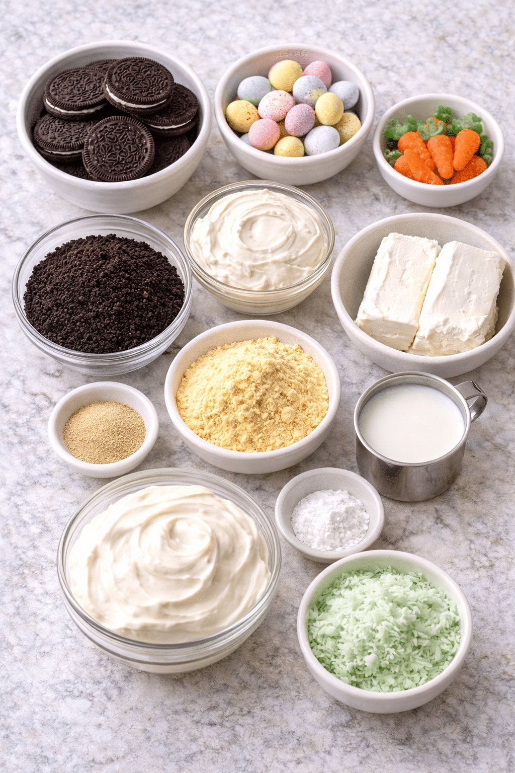 Easter Dirt Cake Dessert Casserole with Creamy Pudding Ingredients Easter Dirt Cake Dessert Casserole with Creamy Pudding ingredients image