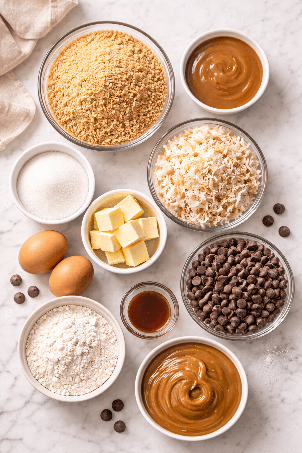 Samoa Cookie Bars with Caramel Coconut and Chocolate ingredients image