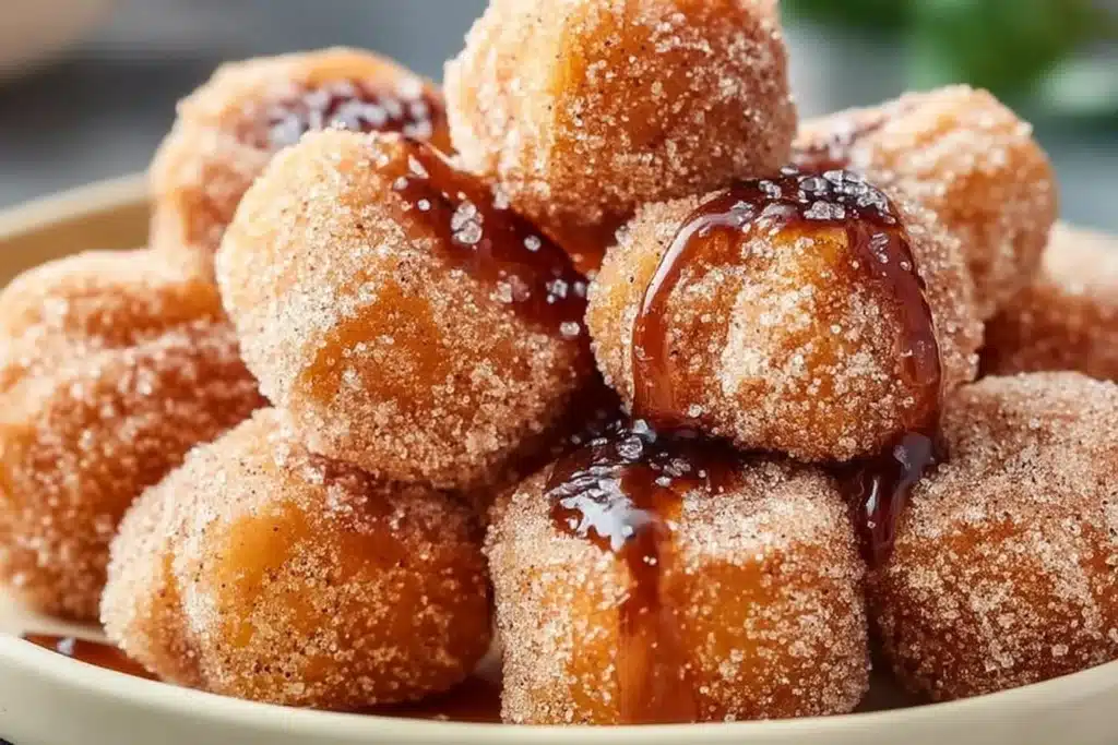 Delicious air fryer churro bites served with chocolate dipping sauce.