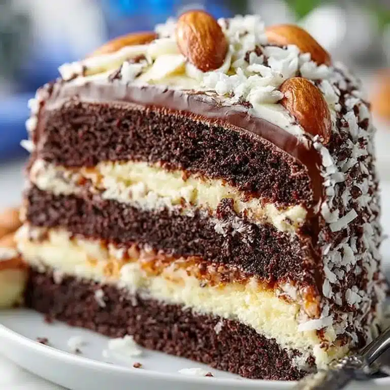 Delicious Almond Joy Layer Cake with chocolate, coconut, and almond layers