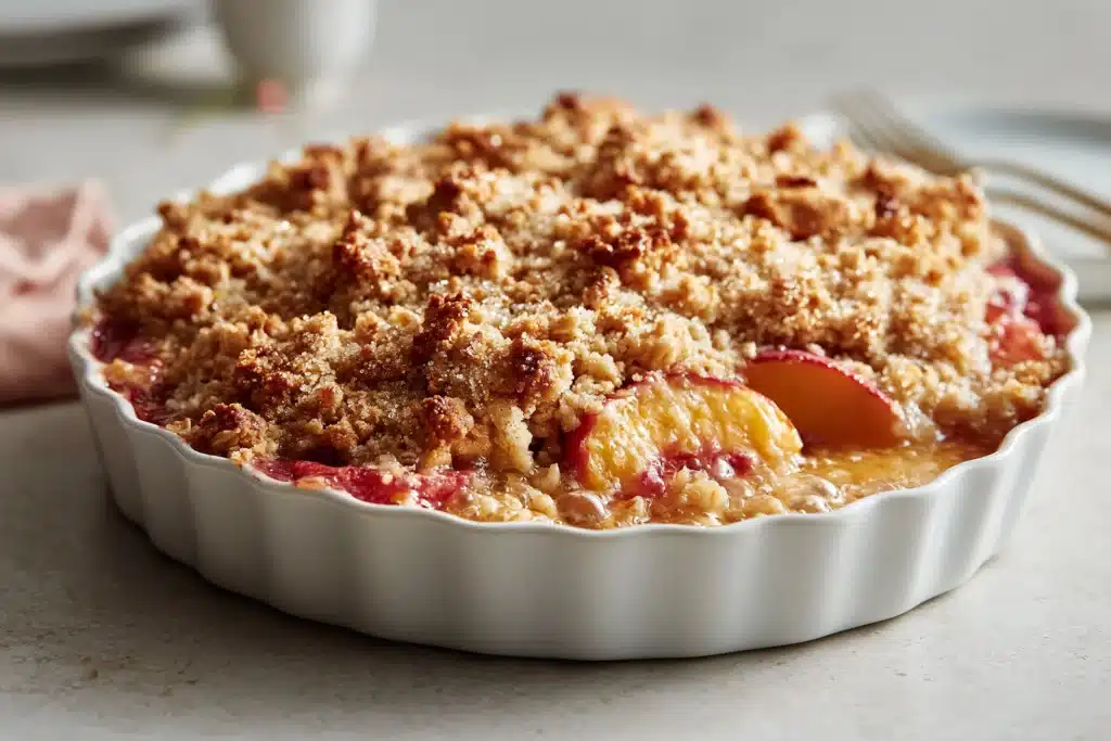 Delicious peach crisp made with fresh peaches and a crunchy topping