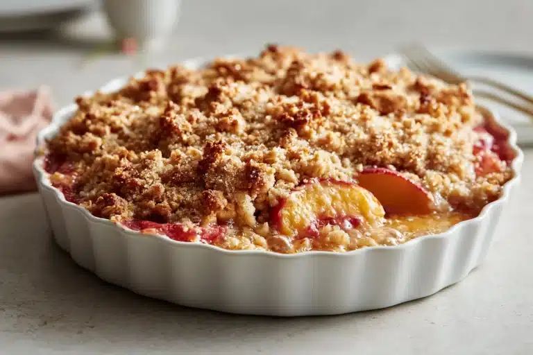 Delicious peach crisp made with fresh peaches and a crunchy topping