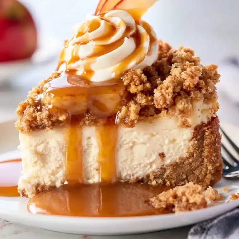 Slice of Apple Crisp Cheesecake topped with apple filling and crumble