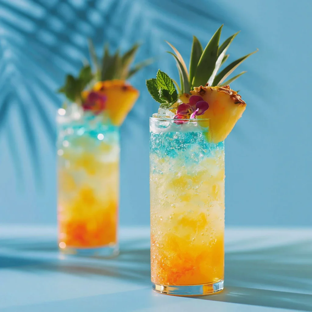 Aruba Paradise Cocktail served with colorful fruits and ice in a tropical setting.