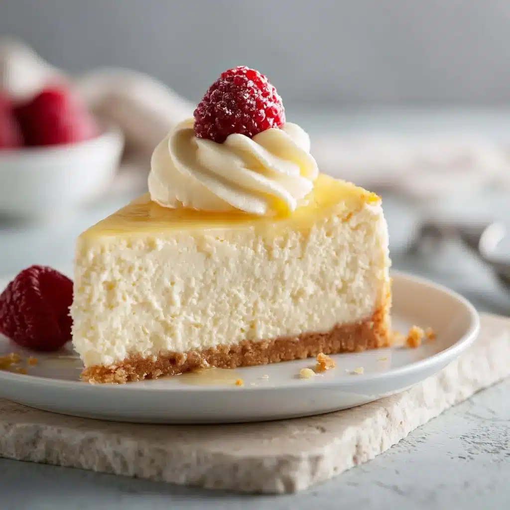 Delicious homemade baked cheesecake topped with fresh berries and whipped cream.