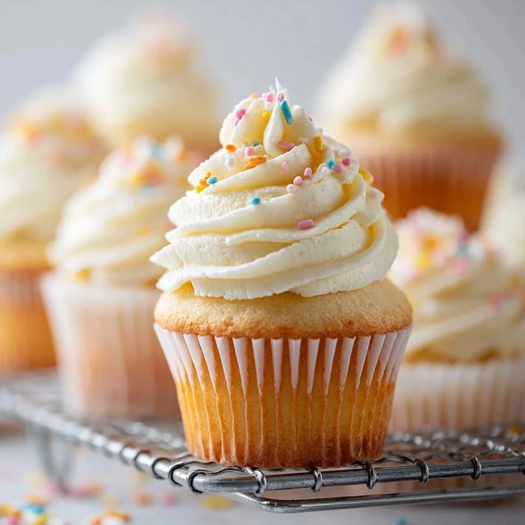 Delicious bakery-soft vanilla cupcakes topped with creamy frosting.