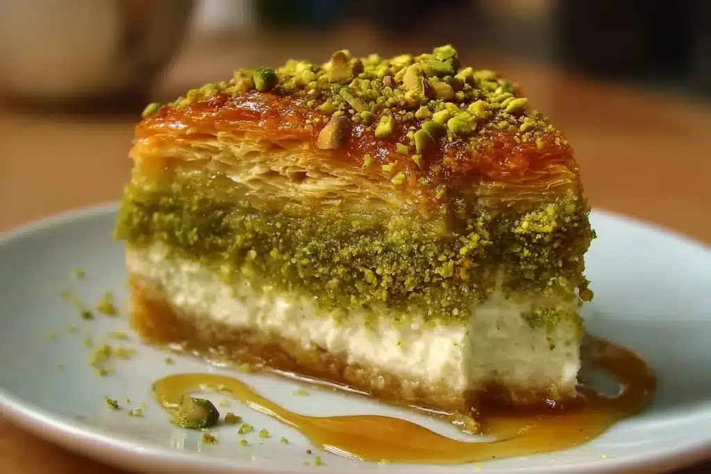 Baklava Pistachio Cheesecake with layers of creamy cheesecake and baklava topping