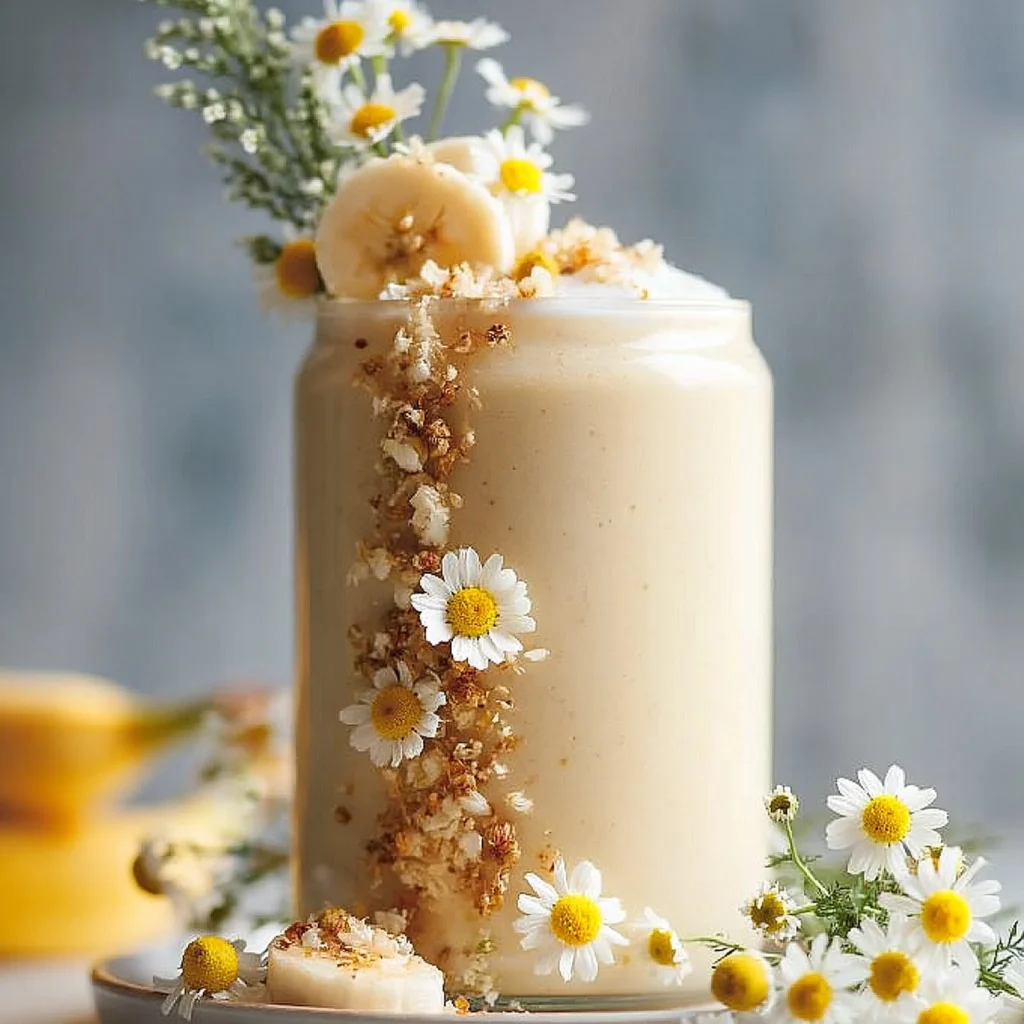 Banana chamomile tea smoothie topped with banana slices and chamomile flowers.
