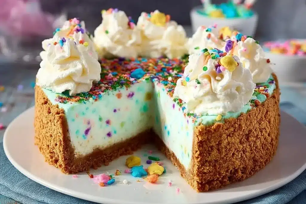 Delicious birthday cake cheesecake topped with colorful sprinkles
