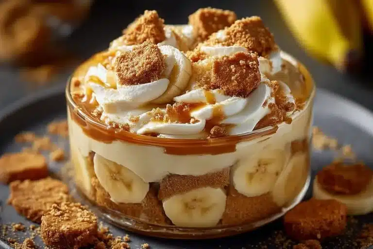 Delicious Biscoff Banana Pudding topped with caramel in a dessert bowl