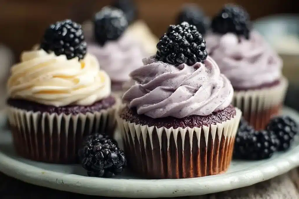 Delicious blackberry cupcakes topped with fresh berries and frosting