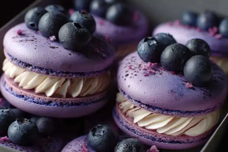 Blueberry Cheesecake Macarons on a decorative plate