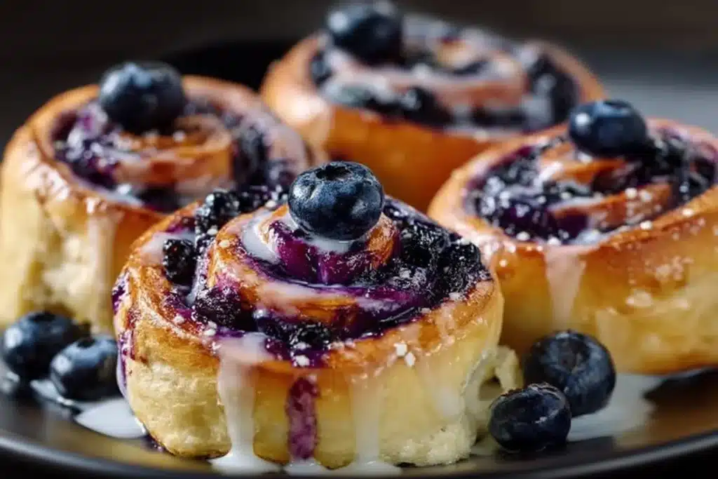 Blueberry cheesecake swirl rolls topped with fresh blueberries