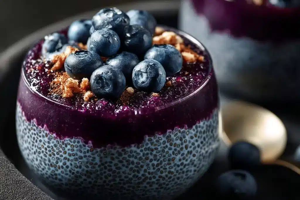 Delicious blueberry chia pudding topped with fresh blueberries and mint