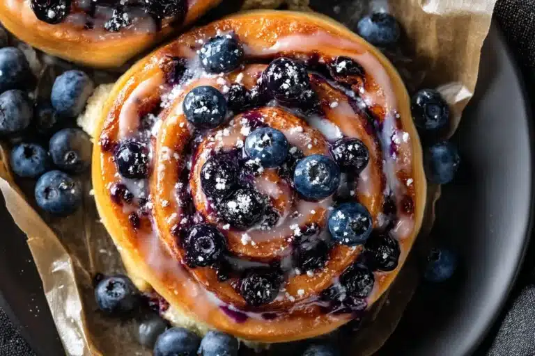 Homemade blueberry cinnamon rolls with a creamy glaze on a wooden table