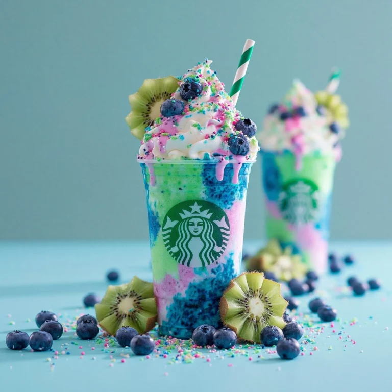 Blueberry Kiwi Shock Frappuccino with a garnish of fresh fruit