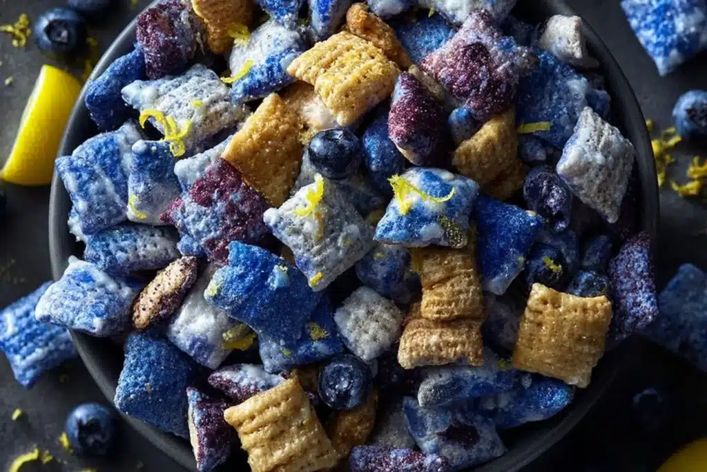 A bowl of homemade Blueberry Lemon Muddy Buddies snack mix.