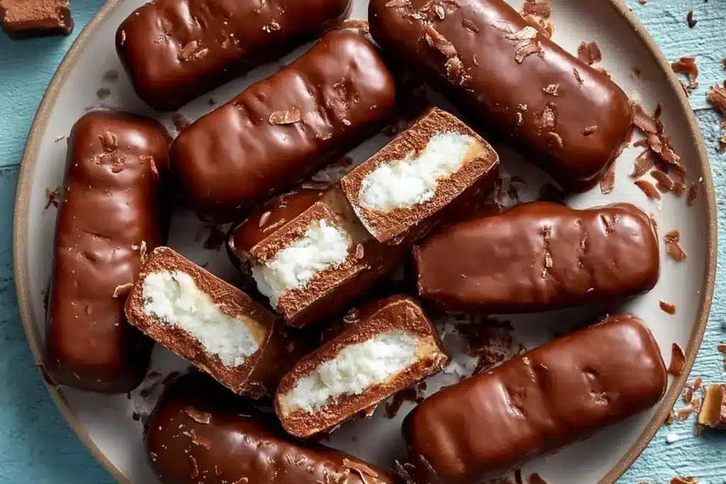 Homemade Bounty Bar chocolate coconut bars on a plate