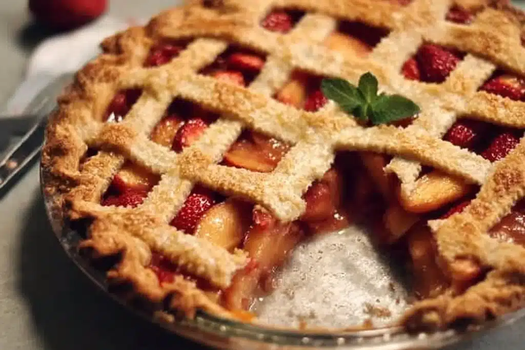 Brown butter strawberry peach pie with fresh strawberries and peaches