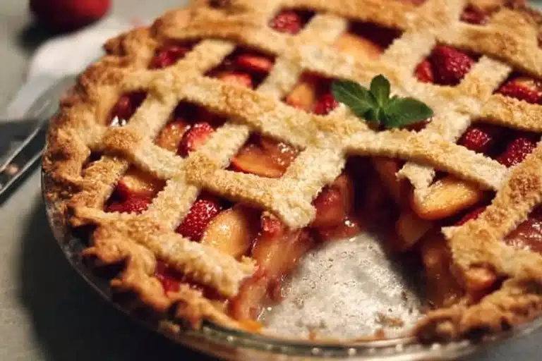 Brown butter strawberry peach pie with fresh strawberries and peaches