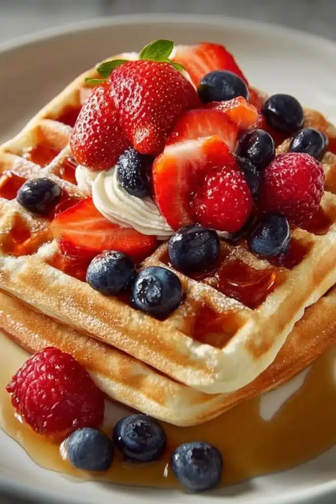 Delicious buttermilk waffles served with syrup and fresh berries