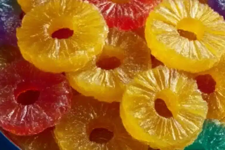 Candied pineapple Skittle rings, a colorful and sweet treat