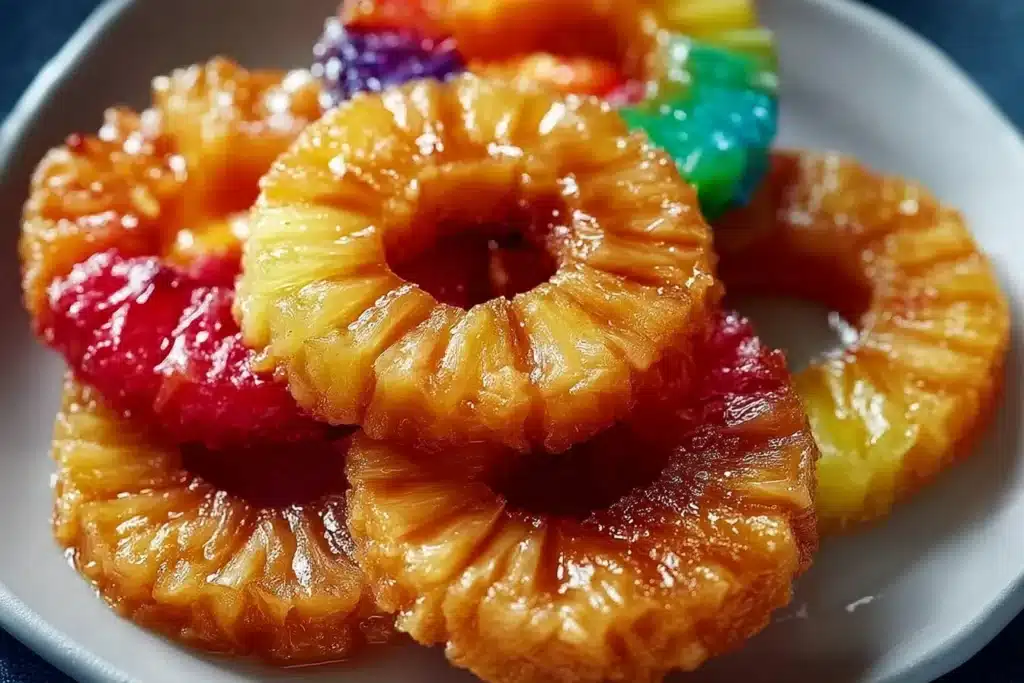 Homemade candied pineapple pieces arranged for a sweet snack recipe