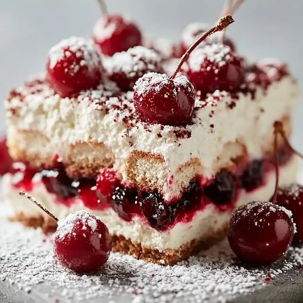 Delicious Cherry Amaretto Tiramisu dessert topped with cherries and cocoa