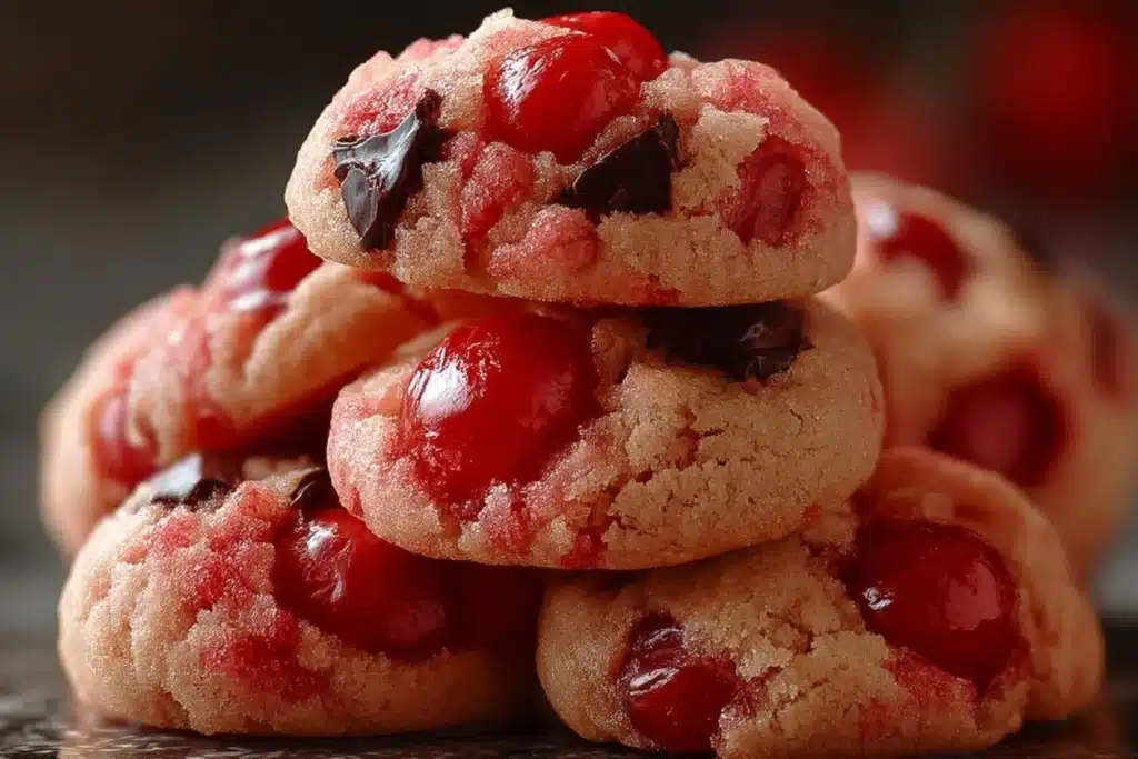 Freshly baked cherry cookies with a bright red cherry topping