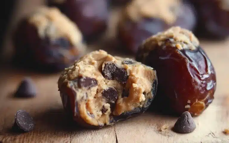 Chocolate chip cookie dough stuffed dates on a plate