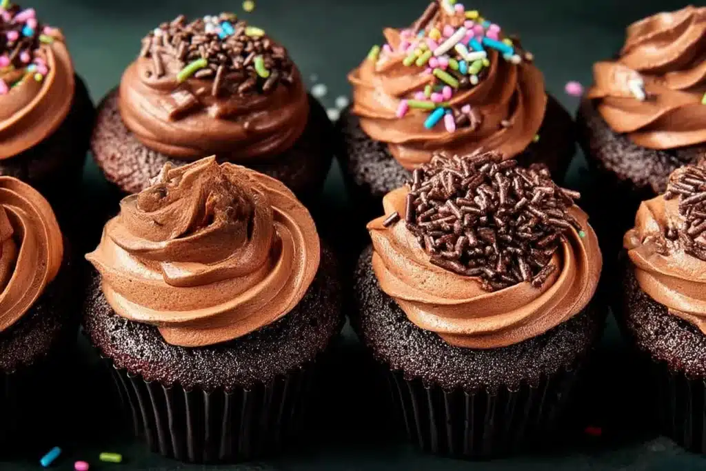 Delicious chocolate chocolate vegan cupcakes on a party table